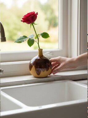 1978 Drip Glaze Pottery Bud Vase Small Round Brown Boho Earth Tones 5.5"